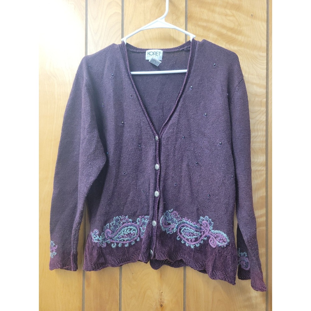 Vintage Koret Petites Women's Sweater Cardigan Embroidered Beaded Purple Size S
